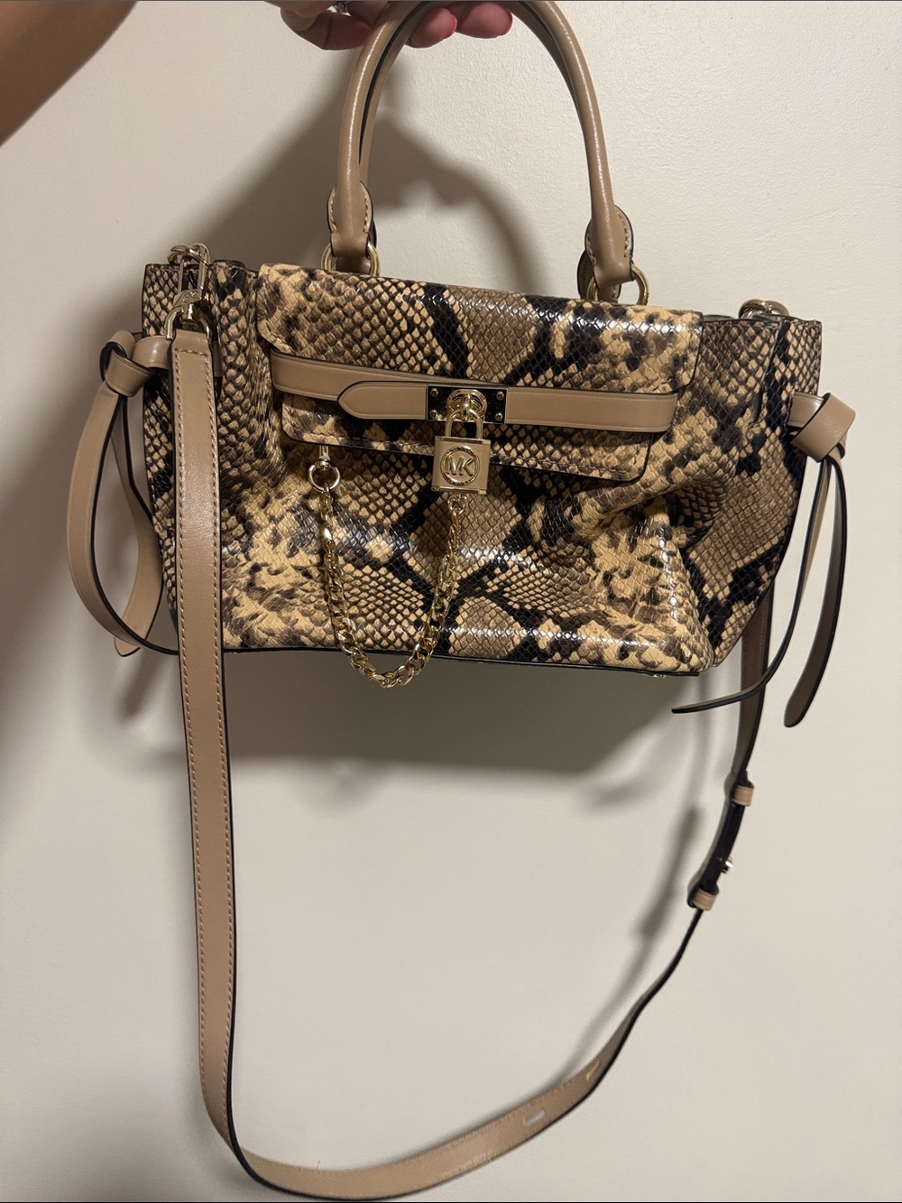 Michael Kors Tan Snake-Print Satchel with Gold Hardware